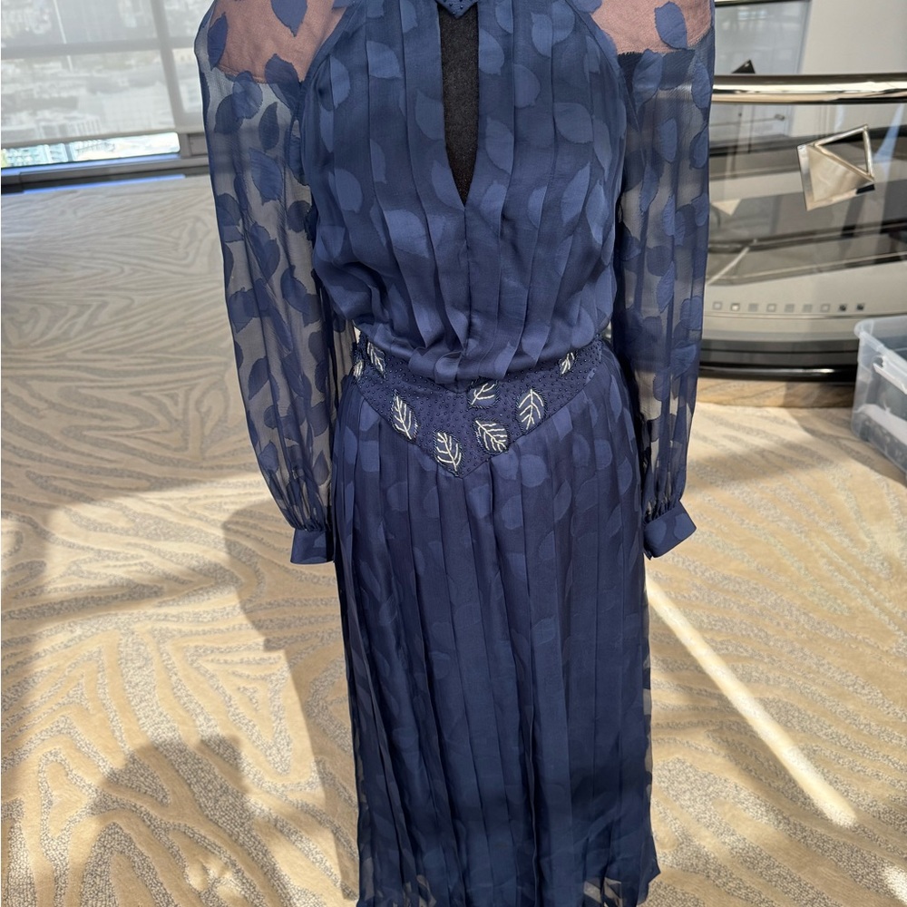 Vintage Sheer Navy Blue Dress with Hand Beaded Leaf Accents - Picture 3 of 9